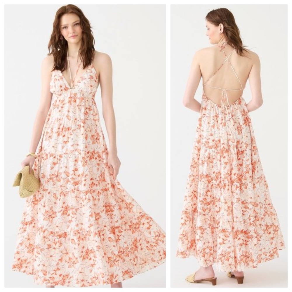 J Crew Strappy Linen Resort Maxi Dress in Breezy Blooms White Coral Floral